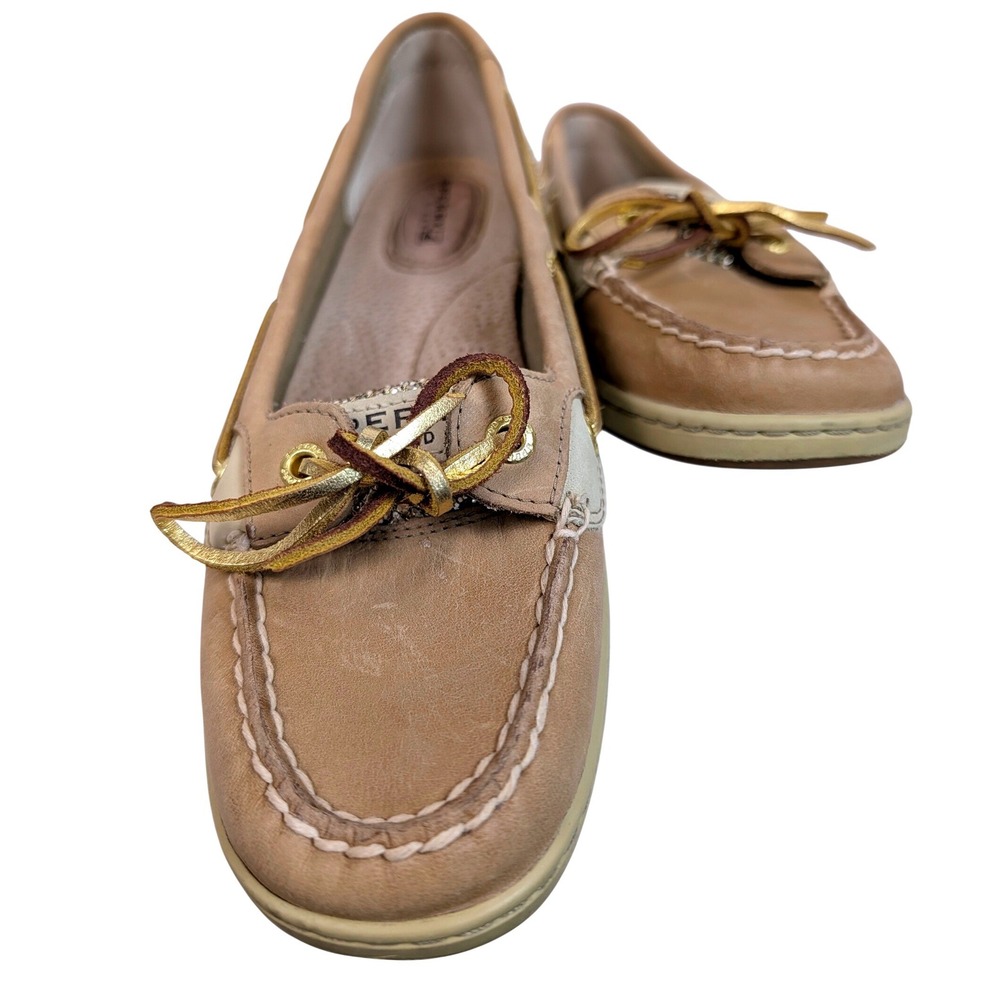 Sperry Top-Sider Angelfish Boat Shoes Size 8.5 Tan Gold Sequin Leather Loafers